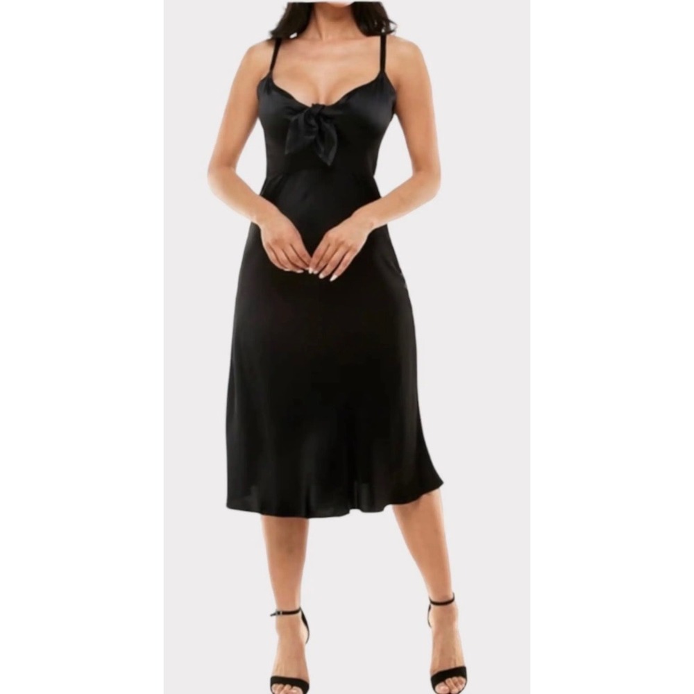 Socialite Midi Tie Front Satin Cocktail Dress Women Small Black Adjustable Strap